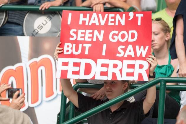 A fan holds a poster high I haven t seen God, but i saw Federer , fan, fans, spectators, followers, supporters, feature, general, edge motif, tennis, 27 NOVENTI Open 2019, ATP World Tour on 18 06 2019 in Halle Westf Germany Â