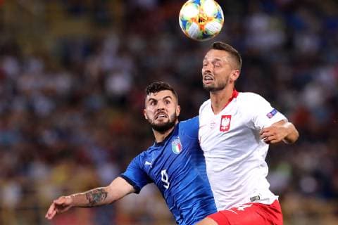 Patrick Cutrone of Italy, Mateusz Wieteska of Poland Bologna 19 06 2019 Stadio Renato Dall Ara Football UEFA Under 21 Championship Italy 2019 Group Stage - Final Tournament Group A Italy - Poland Photo Cesare Purini Insidefoto cesarexpurini