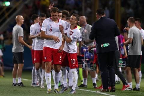 Krystian Bielik of Poland celebrates with Sebastian Szymanski after scoring the goal of 0-1 Bologna 19 06 2019 Stadio Renato Dall Ara Football UEFA Under 21 Championship Italy 2019 Group Stage - Final Tournament Group A Italy - Poland Photo Cesare Purini Insidefoto cesarexpurini