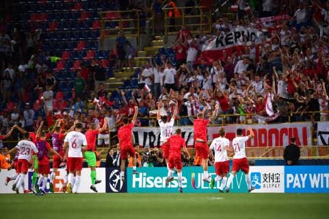 Photo Massimo Paolone LaPresse June 19, 2019 Bologna, Italy soccer Italy vs Poland - UEFA Under 21 Championship Italy 2019 - Group stage final tournament Group A - "Renato Dall Ara" stadium. In the pic: the players of Poland celebrate for the victory  Copyright: xMassimoxPaolone LaPressex