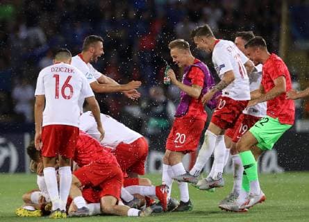 June 19, 2019 - Bologna, Italy - Poland celebrates the qualification at the end of the UEFA Under 21 Championship Group A match Italy v Poland at the Dall Ara Stadium in Bologna, Italy on June 19, 2019. Italy v Poland - UEFA U-21 Championship  - ZUMAn230 20190619_zaa_n230_298 Copyright: xMatteoxCiambellix