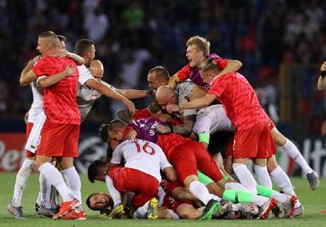 June 19, 2019 - Bologna, Italy - Poland celebrates the qualification at the end of the UEFA Under 21 Championship Group A match Italy v Poland at the Dall Ara Stadium in Bologna, Italy on June 19, 2019. Italy v Poland - UEFA U-21 Championship  - ZUMAn230 20190619_zaa_n230_297 Copyright: xMatteoxCiambellix