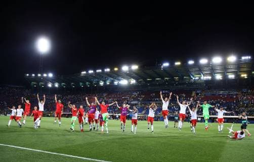 June 19, 2019 - Bologna, Italy - Poland celebrates the qualification at the end of the UEFA Under 21 Championship Group A match Italy v Poland at the Dall Ara Stadium in Bologna, Italy on June 19, 2019. Italy v Poland - UEFA U-21 Championship  - ZUMAn230 20190619_zaa_n230_301 Copyright: xMatteoxCiambellix