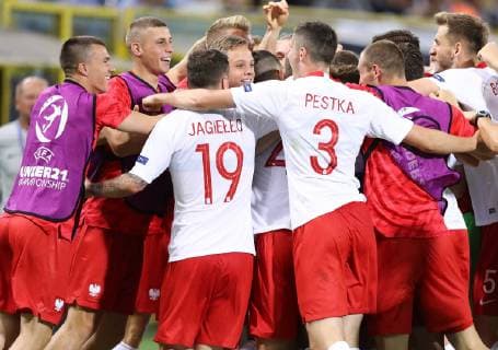 June 19, 2019 - Bologna, Italy - Krystian Bielik of Poland celebrates with the teammates after scoring the goal of 0-1 during the UEFA Under 21 Championship Group A match Italy v Poland at the Dall Ara Stadium in Bologna, Italy on June 19, 2019. Italy v Poland - UEFA U-21 Championship  - ZUMAn230 20190619_zaa_n230_314 Copyright: xMatteoxCiambellix