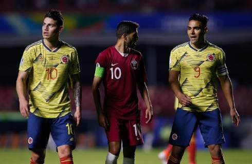 Colombia vs Qatar SÃO PAULO, SP - 19.06.2019: COLOMBIA VS QATAR - James Rodríguez of Colombia, Hasan Alhaydos of Qatar and Radamel Falcao Garcia of Colombia during a match between Colombia and Qatar, valid for the group stage of the Copa América 2019, held this Wednesday (19) at the Estádio do Morumbi in São Paulo, SP. (Photo: Marcelo Machado de Melo Fotoarena) x1750253x  MarceloxMachadoxdexMelo