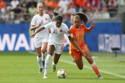 REIMS, 20-06-2019 ,Stade Auguste-Delaune, World Championship, WM, Weltmeisterschaft 2019 , Nederland - Canada Women , Canada player Ashley Lawrence and Netherlands player Lieke Martens during the match Nederland - Canada Women Nederland - Canada Women  x3721827x Copyright: