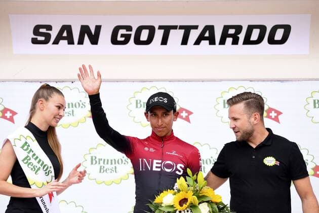 Sport Bilder des Tages SAN GOTTARDO, SWITZERLAND - JUNE 21 : BERNAL GOMEZ Egan Arley (COL) of TEAM INEOS pictured during the podium ceremony after stage 7 of the Tour de Suisse cycling race, a stage of 216 kms between Unterterzen and San Gottardo on June 21, 2019 in San Gottardo, Switzerland, 21 06 2019 CYCLISME : Tour de Suisse - Etape 7 - Unterterzen to San Gottardo - 21 06 2019 PhotoNews Panoramic 