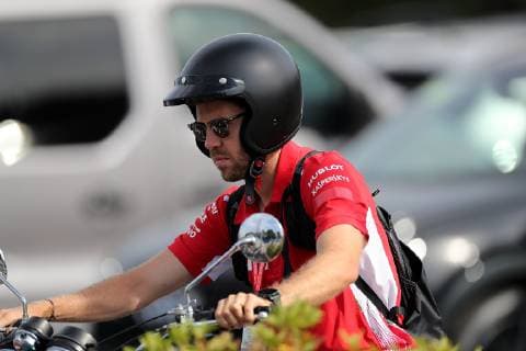 Le Castellet, France, 21 06 2019, Formula 1, Formula 1, French Grand Prix, Sebastian Vettel GER 5 , Scuderia Ferrari Mission Winnow comes to the paddock on his motorbike Defodi 09 506 033765 Defodi-506