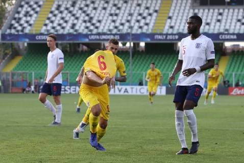 George Puscas of Romania celebrates scoring the first goal from the penalty spot during the UEFA Under-21 Championship 2019 match at San Marino Stadium, Serravalle. Picture date: 21st June 2019. Picture credit should read: Jonathan Moscrop Sportimage EDITORIAL USE ONLY. No use with unauthorised audio, video, data, fixture lists, club league logos or live services. Online in-match use limited to 120 images, no video emulation. No use in betting, games or single club league player publications. SPI-0103-0018