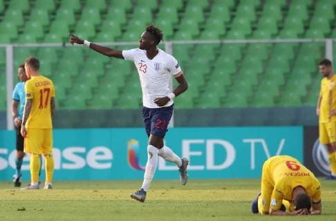 Tammy Abraham of England celebrates his equalising goal (2-2) during the UEFA Under-21 Championship 2019 match at San Marino Stadium, Serravalle. Picture date: 21st June 2019. Picture credit should read: Jonathan Moscrop Sportimage EDITORIAL USE ONLY. No use with unauthorised audio, video, data, fixture lists, club league logos or live services. Online in-match use limited to 120 images, no video emulation. No use in betting, games or single club league player publications. SPI-0103-0025