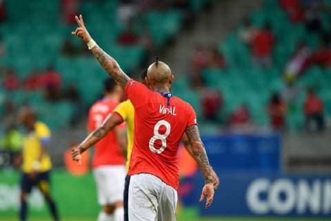 (190622) -- SALVADOR, June 22, 2019 (Xinhua) -- Chile s Arturo Vidal reacts during the Group C match between Chile and Ecuador at the Copa America 2019, held in Salvador, Brazil, June 21, 2019. (Xinhua Xin Yuewei) (SP)BRAZIL-SALVADOR-SOCCER-COPA AMERICA 2019-CHILE VS ECUADOR 