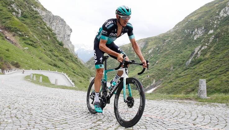 21 06 2019 San Gottardo , SWITZERLAND , Cycling 7 stage Unterterzen San Gottardo Marcus Burghardt GER Team Bora Hansgrohe on the Tremola Road up to the Gotthard Pass