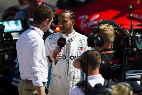 June 22nd 2019, Circuit Automobile Paul Ricard, Le Castellet, Marseille, France ; FIA Formula 1 Grand Prix of France, qualifying; Lewis Hamilton of the Mercedes Team talks with the F1 media after taking the pole position during the qualifying session  ActionPlus12146672 PabloxGuillen