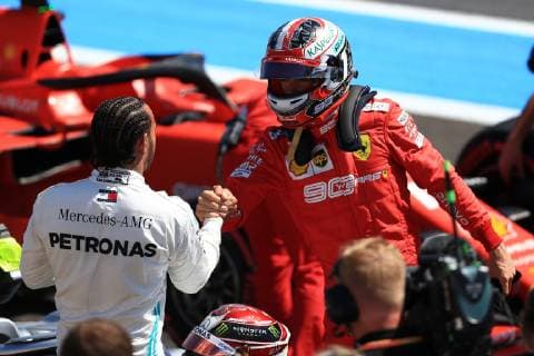 June 22nd 2019, Circuit Automobile Paul Ricard, Le Castellet, Marseille, France ; FIA Formula 1 Grand Prix of France, qualifying; Mercedes AMG Petronas Motorsport, Lewis Hamilton takes pole and shakes hands with Scuderia Ferrari, Charles Leclerc  ActionPlus12146692 Octane