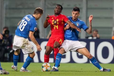 Italian Nicolo Barella, Belgium s Stephane Omeonga and Italian Lorenzo Pellegrini fight for the ball during a soccer game between Belgium s national U21, U 21 team and Italy s U21 team, Saturday 22 June 2019, match 3 3 in group A at the 2019 European championships Under 21 in Reggio, Italy. BRUNOxFAHY  x05611144x