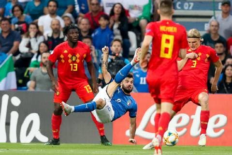 Belgium s Rocky Bushiri Kisonga, Italian Patrick Cutrone and Belgium s Sebastiaan Bornauw fight for the ball during a soccer game between Belgium s national U21, U 21 team and Italy s U21 team, Saturday 22 June 2019, match 3 3 in group A at the 2019 European championships Under 21 in Reggio, Italy. BRUNOxFAHY  x05611133x