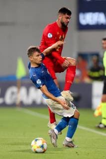Italian Nicolo Barella and Belgium s Elias Cobbaut fight for the ball during a soccer game between Belgium s national U21, U 21 team and Italy s U21 team, Saturday 22 June 2019, match 3 3 in group A at the 2019 European championships Under 21 in Reggio, Italy. BRUNOxFAHY  x05611150x