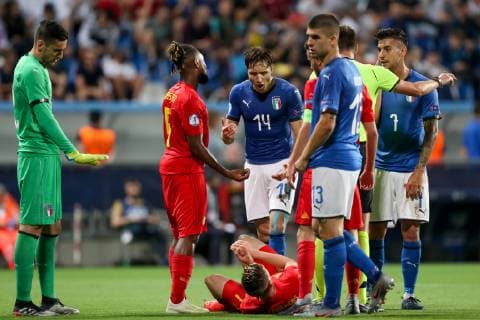 Belgium s Samuel Bastien, Belgium s Alexis Saelemaekers and Italian Federico Chiesa pictured during a soccer game between Belgium s national U21, U 21 team and Italy s U21 team, Saturday 22 June 2019, match 3 3 in group A at the 2019 European championships Under 21 in Reggio, Italy. BRUNOxFAHY  x05611159x