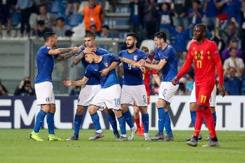 Italian Nicolo Barella celebrates after scoring during a soccer game between Belgium s national U21, U 21 team and Italy s U21 team, Saturday 22 June 2019, match 3 3 in group A at the 2019 European championships Under 21 in Reggio, Italy. BRUNOxFAHY  x05611163x