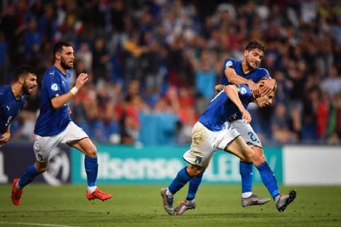 Photo Massimo Paolone LaPresse June 22, 2019 Reggio Emilia, Italy soccer Belgium vs Italy - UEFA Under 21 Championship Italy 2019 - Group stage final tournament Group A - "Mapei Stadium - Citt& xe0; del Tricolore" stadium. In the pic: Nicolo Barella (Italia) celebrates after scoring goal 0-1  Copyright: xMassimoxPaolone LaPressex