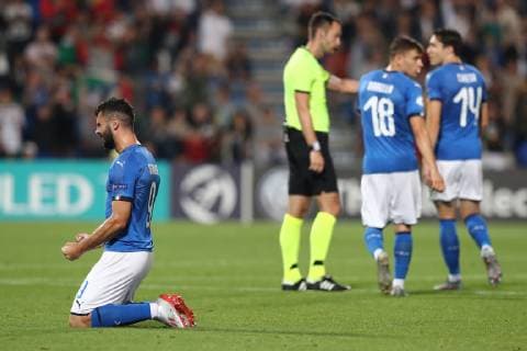 Patrick Cutrone of Italy celebrates after scoring a goal Reggio Emilia 22-06-2019 Stadio Città del Tricolore Football UEFA Under 21 Championship Italy 2019 Group Stage - Final Tournament Group A Belgium - Italy Photo Cesare Purini Insidefoto CesarexPurini