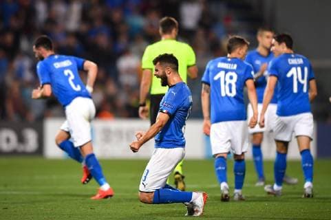 Photo Massimo Paolone LaPresse June 22, 2019 Reggio Emilia, Italy soccer Belgium vs Italy - UEFA Under 21 Championship Italy 2019 - Group stage final tournament Group A - "Mapei Stadium - Citt& xe0; del Tricolore" stadium. In the pic: Patrick Cutrone (Italia) celebrates after scoring goal  Copyright: xMassimoxPaolone LaPressex