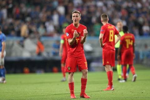 Belgium s Alexis Saelemaekers looks dejected during a soccer game between Belgium s national U21, U 21 team and Italy s U21 team, Saturday 22 June 2019, match 3 3 in group A at the 2019 European championships Under 21 in Reggio, Italy. BRUNOxFAHY  x05611173x