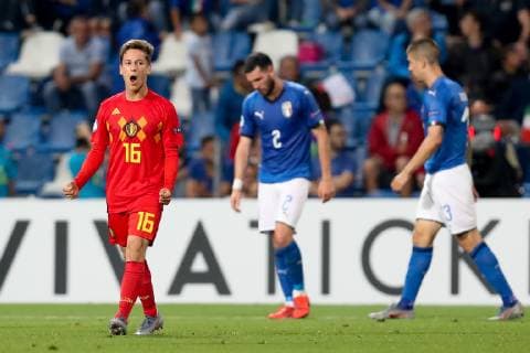 Belgium s Yari Verschaeren celebrates after scoring during a soccer game between Belgium s national U21, U 21 team and Italy s U21 team, Saturday 22 June 2019, match 3 3 in group A at the 2019 European championships Under 21 in Reggio, Italy. BRUNOxFAHY  x05611180x