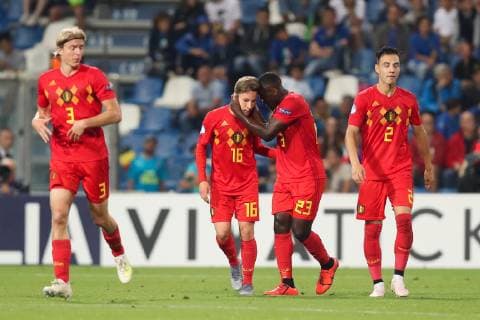 Belgium s Yari Verschaeren celebrates after scoring during a soccer game between Belgium s national U21, U 21 team and Italy s U21 team, Saturday 22 June 2019, match 3 3 in group A at the 2019 European championships Under 21 in Reggio, Italy. BRUNOxFAHY  x05611183x