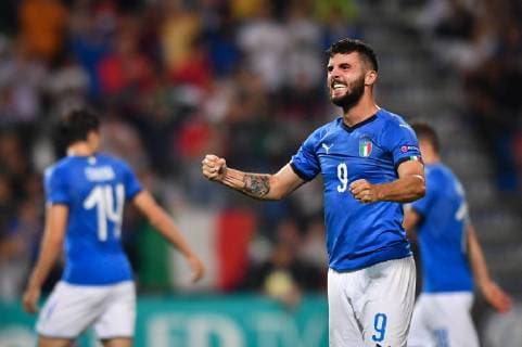 Photo Massimo Paolone LaPresse June 22, 2019 Reggio Emilia, Italy soccer Belgium vs Italy - UEFA Under 21 Championship Italy 2019 - Group stage final tournament Group A - "Mapei Stadium - Citt& xe0; del Tricolore" stadium. In the pic: Patrick Cutrone (Italia) celebrates after scoring goal  Copyright: xMassimoxPaolone LaPressex