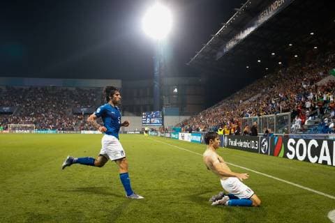 Italian Federico Chiesa (R) celebrates after scoring during a soccer game between Belgium s national U21, U 21 team and Italy s U21 team, Saturday 22 June 2019, match 3 3 in group A at the 2019 European championships Under 21 in Reggio, Italy. BRUNOxFAHY  x05611187x