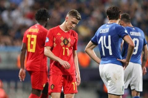 Belgium s Alexis Saelemaekers looks dejected during a soccer game between Belgium s national U21, U 21 team and Italy s U21 team, Saturday 22 June 2019, match 3 3 in group A at the 2019 European championships Under 21 in Reggio, Italy. BRUNOxFAHY  x05611191x