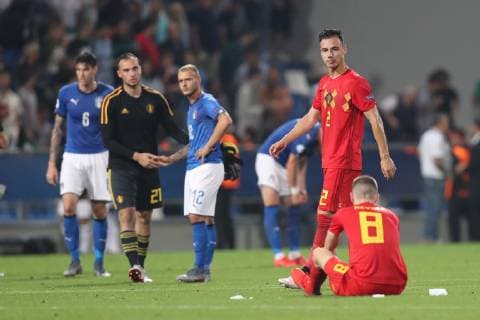 Belgium s players look dejected after a soccer game between Belgium s national U21, U 21 team and Italy s U21 team, Saturday 22 June 2019, match 3 3 in group A at the 2019 European championships Under 21 in Reggio, Italy. BRUNOxFAHY  x05611195x