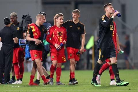 Belgium s players look dejected after a soccer game between Belgium s national U21, U 21 team and Italy s U21 team, Saturday 22 June 2019, match 3 3 in group A at the 2019 European championships Under 21 in Reggio, Italy. BRUNOxFAHY  x05611196x