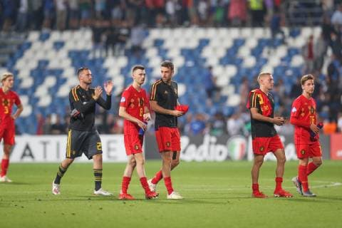 Belgium s players look dejected after a soccer game between Belgium s national U21, U 21 team and Italy s U21 team, Saturday 22 June 2019, match 3 3 in group A at the 2019 European championships Under 21 in Reggio, Italy. BRUNOxFAHY  x05611197x