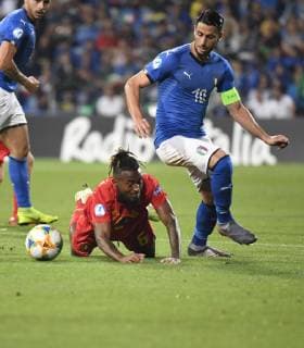 REGGIO EMILIA, ITALIA - JUNE 22: Rolando Mandragora and Samuel Bastien of Belgium pictured UEFA under 21 championship Italia 2019 group A match between Belgium and Italia in tricolore Mapei stadium i on june 22, 2019 in Reggio Emilia, Italia,22 06 2019 FOOTBALL : Belgique vs Italie - U21, U 21 - Euro - Reggio Emilia - 22 06 2019 PhotoNews Panoramic 
