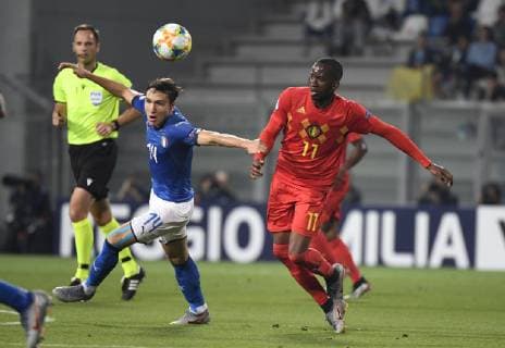 Federico Chiesa and Dodi Lukebakio of Belgium pictured UEFA under 21 championship Italia 2019 group A match between Belgium and Italia in tricolore Mapei stadium i on june 22, 2019 in Reggio Emilia, Italia,22 06 2019 FOOTBALL : Belgique vs Italie - U21, U 21 - Euro - Reggio Emilia - 22 06 2019 PhotoNews Panoramic 