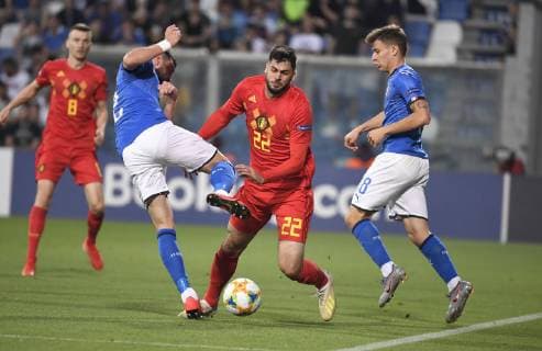 REGGIO EMILIA, ITALIA - JUNE 22: Nicolo Barella and Elias Cobbaut of Belgium pictured UEFA under 21 championship Italia 2019 group A match between Belgium and Italia in tricolore Mapei stadium i on june 22, 2019 in Reggio Emilia, Italia,22 06 2019 FOOTBALL : Belgique vs Italie - U21, U 21 - Euro - Reggio Emilia - 22 06 2019 PhotoNews Panoramic 