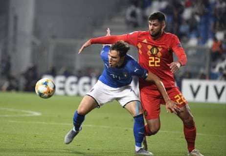 REGGIO EMILIA, ITALIA - JUNE 22: Federico Chiesaand and Elias Cobbaut of Belgium pictured UEFA under 21 championship Italia 2019 group A match between Belgium and Italia in tricolore Mapei stadium i on june 22, 2019 in Reggio Emilia, Italia,22 06 2019 FOOTBALL : Belgique vs Italie - U21, U 21 - Euro - Reggio Emilia - 22 06 2019 PhotoNews Panoramic 