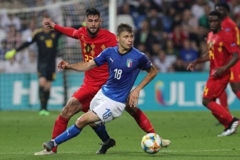 June 22, 2019 - Reggio Emilia, Reggio Emilia, Italy - Elias Cobbaut of Belgium U21, U 21 Nicol Barella of Italy U21 during the UEFA UNDER21 Championship match between Italy and Belgium at Stadio Citt Del Tricolore on June 22, 2019 in Reggio Emilia, Italy. Belgium v Italy: Group A - 2019 UEFA U-21 Championship  - ZUMAn230 20190622_zaa_n230_617 Copyright: xEmmanuelexCiancaglinix