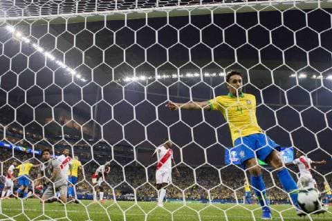 June 22nd 2019, Arena Corinthians Stadium, Sao Paulo, Brazil; Copa America international football tournament, Brazil versus Peru; Marquinhos of Brazil celebrates the goal from the Willian for 0-5  ActionPlus12146950 L& xe9;oxPinheiro