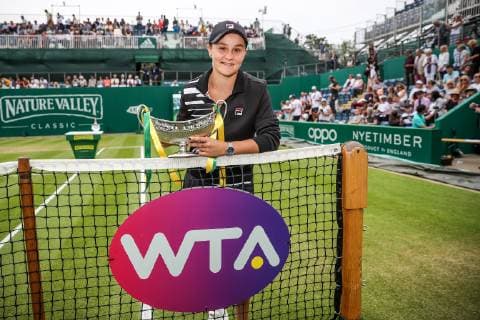 23rd June 2019, Edgbaston Priory Club, Birmingham, England; WTA, Tennis Damen Nature Valley Classic tennis tournament; Ashleigh Barty (AUS) wins the final against Julia Goerges (GER) and lifts the winning trophy  ActionPlus12147059 StevexFeeney