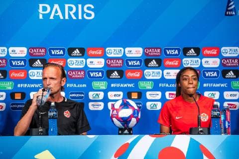 190623 Kenneth Heiner Moller, head coach and Ashley Lawrence of Canada during a press conference on June 23, 2019 in Paris Photo Simon Hastegard Image Source Code SH 180085 bbeng soccer football soccer ladies women women france france world cup 2019 world championship world championship fifa women s world cup 2019 world cup canada canada press conference,  Copyright: SIMONxHASTEGARD BB190623SH090
