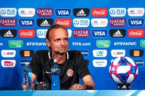 190623 Kenneth Heiner Moller, head coach of Canada during a press conference on June 23, 2019 in Paris Photo Simon Hastegard Image Source Code SH 180085 bbeng soccer football soccer womens women women france france world Cup 2019 world championships world championship fifa womens world cup 2019 world cup canada canada press conference,  Copyright: SIMONxHASTEGARD BB190623SH093