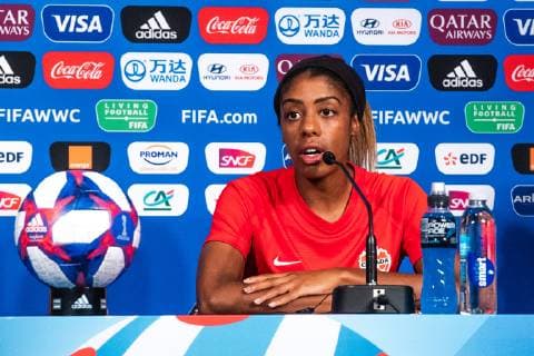 190623 Ashley Lawrence of Canada during a press conference on June 23, 2019 in Paris Photo Simon Hastegard Image Code SH 180085 bbeng soccer football soccer ladies women women france france world cup world cup 2019 world championship fifa women s world cup 2019 world cup canada canada press conference,  Copyright: SIMONxHASTEGARD BB190623SH094