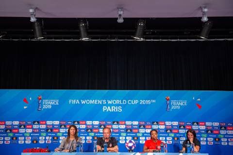 190623 Kenneth Heiner Moller, head coach and Ashley Lawrence of Canada during a press conference on June 23, 2019 in Paris Photo Simon Hastegard Image Source Code SH 180085 bbeng soccer football soccer ladies women women france france world cup 2019 world championship world championship fifa women s world cup 2019 world cup canada canada press conference,  Copyright: SIMONxHASTEGARD BB190623SH095