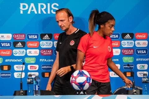 190623 Kenneth Heiner Moller, head coach and Ashley Lawrence of Canada during a press conference on June 23, 2019 in Paris Photo Simon Hastegard Image Source Code SH 180085 bbeng soccer football soccer ladies women women france france world cup 2019 world championship world championship fifa women s world cup 2019 world cup canada canada press conference,  Copyright: SIMONxHASTEGARD BB190623SH097