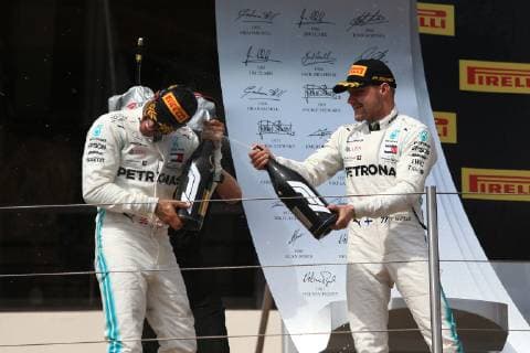 23rd June 2019, Circuit Automobile Paul Ricard, Le Castellet, Marseille, France ; FIA Formula 1 Grand Prix of France, Race Day; Podium as Mercedes AMG Petronas Motorsport, Lewis Hamilton wins in France followed by team mate Valtteri Bottas  ActionPlus12147220 Octane