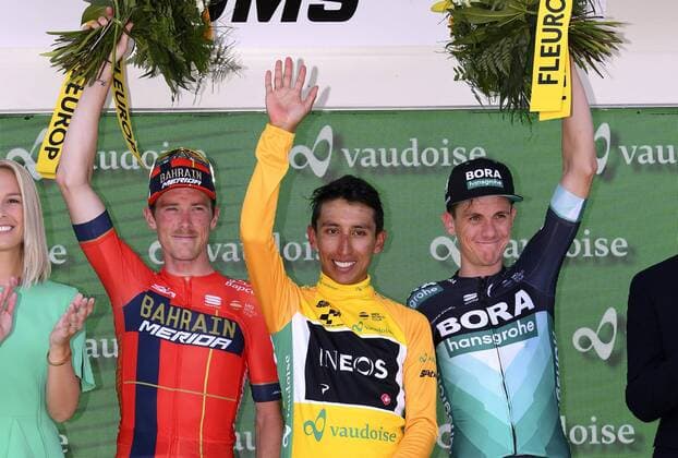 Tour de Suisse, Gesamtsieger Egan Bernal GOMS, SWITZERLAND - JUNE 23 : BERNAL GOMEZ Egan Arley (COL) of Team INEOS, DENNIS Rohan (AUS) of BAHRAIN - MERIDA, KONRAD Patrick (AUT) of BORA - HANSGROHE pictured during the podium ceremony after stage 9 of the Tour de Suisse cycling race, a stage of 144 kms between Goms Ulrichen and Goms on June 23, 2019 in Goms, Switzerland, 23 06 2019 CYCLISME : Tour de Suisse - Etape 9 - Entre Goms Ulrichen et Goms - 23 06 2019 PhotoNews Panoramic 