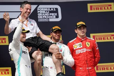 Le Castellet, France, 23 06 2019, Formula 1, Formula 1, French Grand Prix, podium winner Lewis Hamilton GB 44 , Mercedes AMG Petronas Motorsport, 2 place for Valtteri Bottas FIN 77 , 3 place for Charles Leclerc MCO 16 , Scuderia Ferrari Mission Winnow Defodi 09 506 033925 Defodi-506